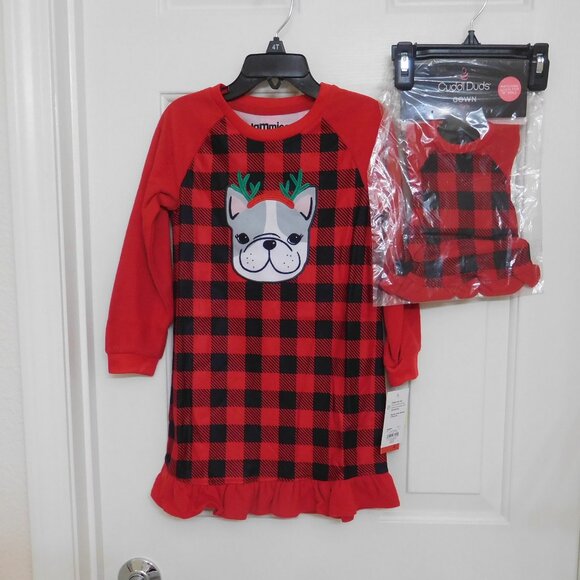 NWT Cuddl Duds Red Plaid Frenchie Dog Nightgown with Doll Gown sz 4t - Picture 1 of 1